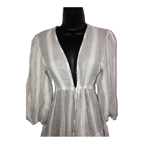 Blue Island white silver metallic low cut blouson sleeve embroidered mini dress - Picture 11 of 16